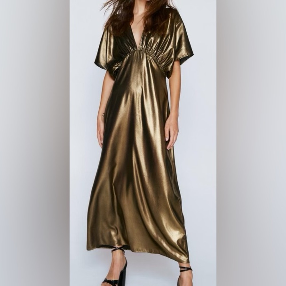 Nasty Gal Metallic Angel Sleeve V Neck Maxi Dress - Size 6